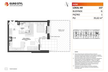 Rzut - Mieszkanie na sprzedaż 1 pokój o powierzchni 35,62 m² - numer G.157 w DOKI etap II (bud. G)