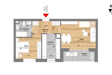 Rzut - Mieszkanie na sprzedaż 2 pokoje o powierzchni 51,57 m² - numer M32 w Przy Kochanowskiego