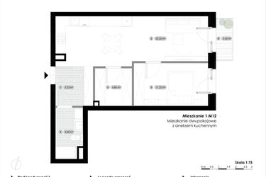 Rzut - Mieszkanie na sprzedaż 2 pokoje o powierzchni 51,24 m² - numer 1.M12 w Stalowa 76