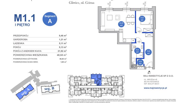 Rzut - Mieszkanie na sprzedaż 3 pokoje o powierzchni 46,83 m² - numer M1.1 w Osiedle Majowe 2.0 etap II