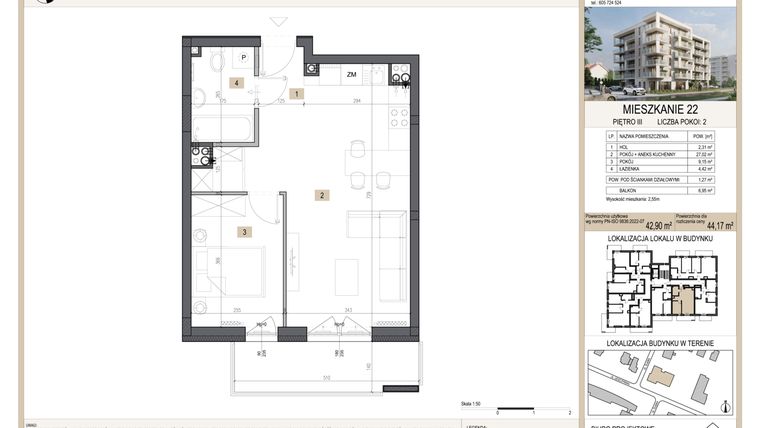 Rzut - Mieszkanie na sprzedaż 2 pokoje o powierzchni 44,17 m² - numer M22 w Nova Leszczyńska