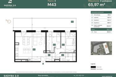 Rzut - Mieszkanie na sprzedaż 3 pokoje o powierzchni 65,97 m² - numer M43 w Sadyba 2.0