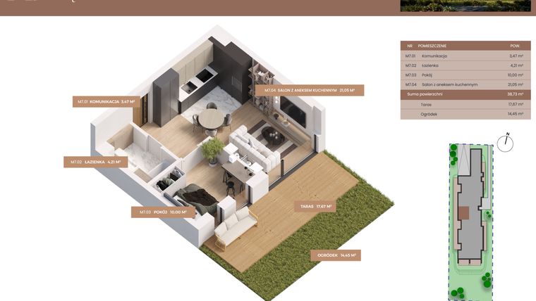 Rzut - Mieszkanie na sprzedaż 2 pokoje o powierzchni 38,73 m² - numer 7 w Apartamenty Częstochowska