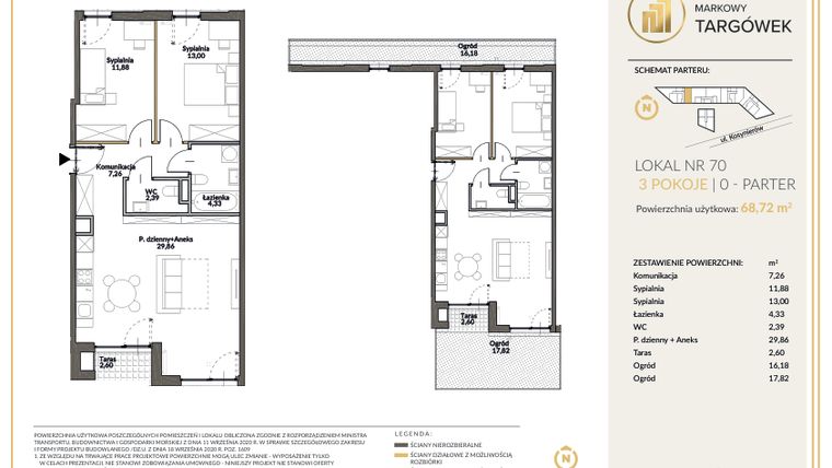 Rzut - Mieszkanie na sprzedaż 3 pokoje o powierzchni 69 m² - numer 70 w Markowy Targówek