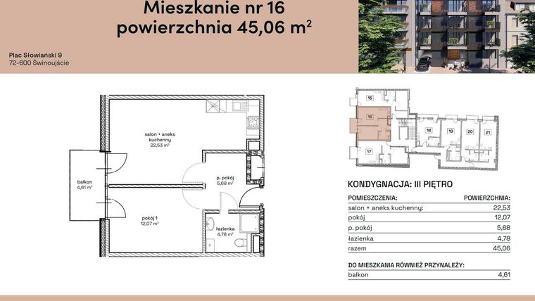 Rzut - Mieszkanie na sprzedaż 2 pokoje o powierzchni 45,06 m² - numer M16 w Plac Słowiański 9
