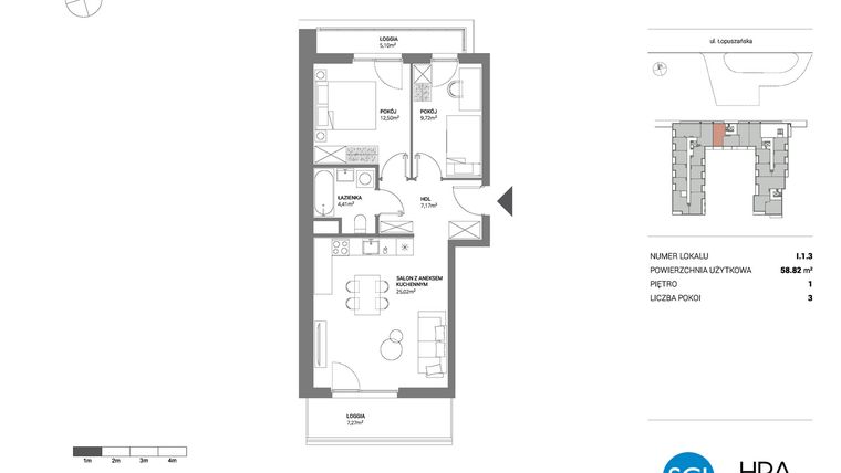 Rzut - Mieszkanie na sprzedaż 3 pokoje o powierzchni 58,82 m² - numer I.1.3 w Łopuszańska 47 - etap 3