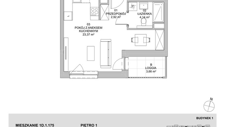 Rzut - Mieszkanie na sprzedaż 1 pokój o powierzchni 30,43 m² - numer 1D.1.175 w Francuska Park VIIIB