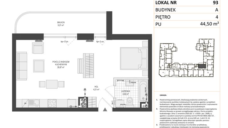Rzut - Mieszkanie na sprzedaż 1 pokój o powierzchni 44,47 m² - numer A.93 w Esencja