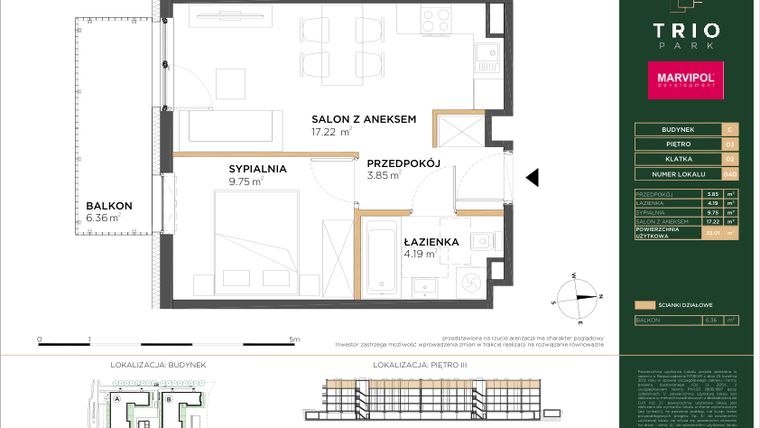 Rzut - Mieszkanie na sprzedaż 2 pokoje o powierzchni 35,01 m² - numer C040 w Trio Park bud. C