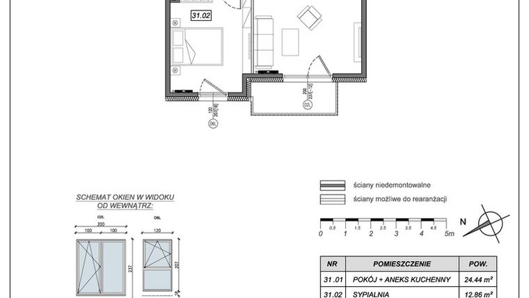 Rzut - Mieszkanie na sprzedaż 2 pokoje o powierzchni 46,03 m² - numer 9.A.31 w Nowe Południe bud. 9