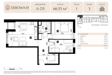 Rzut - Mieszkanie na sprzedaż 3 pokoje o powierzchni 66,53 m² - numer A.05 w Dębowa 45