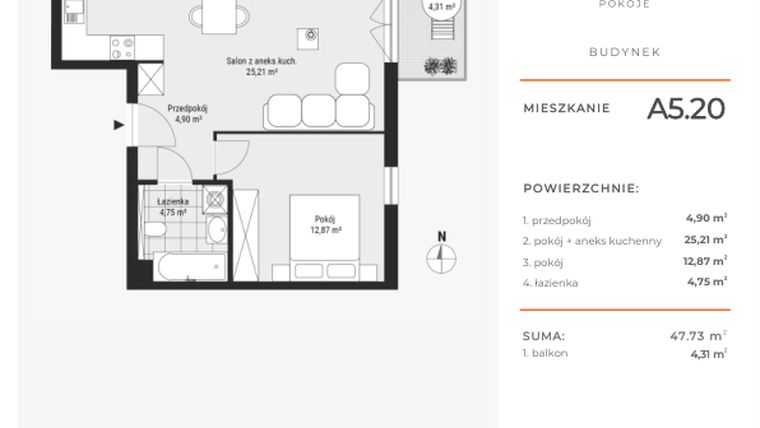 Rzut - Mieszkanie na sprzedaż 2 pokoje o powierzchni 47,75 m² - numer A5.20 w Enklawa Bukowa