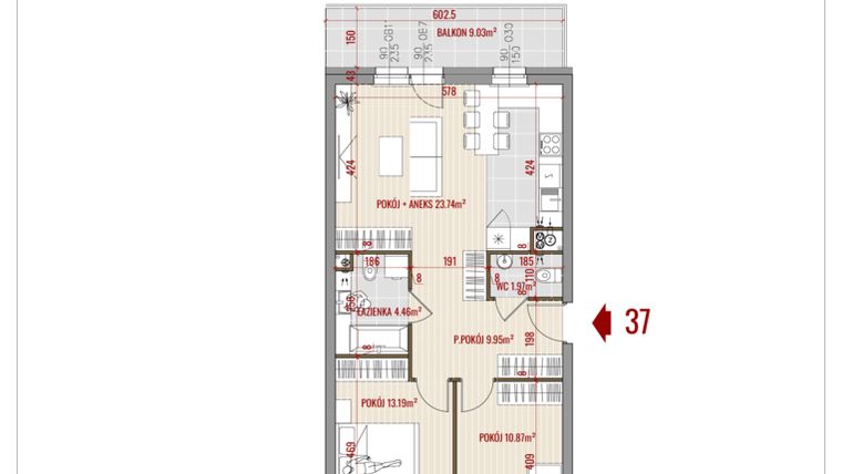 Rzut - Mieszkanie na sprzedaż 3 pokoje o powierzchni 64,18 m² - numer 37 w Zalesie