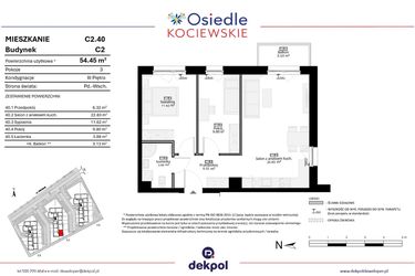 Rzut - Mieszkanie na sprzedaż 3 pokoje o powierzchni 54,45 m² - numer C2.40 w Osiedle Kociewskie etap III