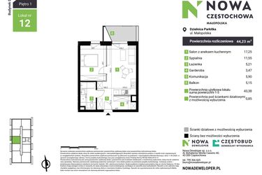 Rzut - Mieszkanie na sprzedaż 2 pokoje o powierzchni 44,23 m² - numer D12 w Nowa Częstochowa Małopolska etap II