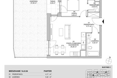 Rzut - Mieszkanie na sprzedaż 2 pokoje o powierzchni 47,1 m² - numer 1A.0.04 w Francuska Park VIIIB