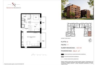 Rzut - Mieszkanie na sprzedaż 3 pokoje o powierzchni 68,93 m² - numer B-01-04 w Siedlecka Residence