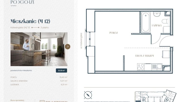 Rzut - Mieszkanie na sprzedaż 1 pokój o powierzchni 31,1 m² - numer M.12 w Stare Podgórze