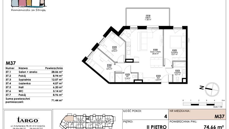 Rzut - Mieszkanie na sprzedaż 4 pokoje o powierzchni 71,44 m² - numer M37 w Kamieniczki za Strugą