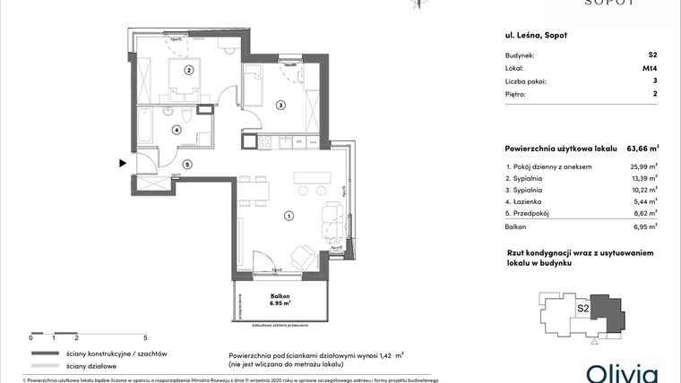 Rzut - Mieszkanie na sprzedaż 3 pokoje o powierzchni 63,66 m² - numer s2.2.14 w Leśna Sopot