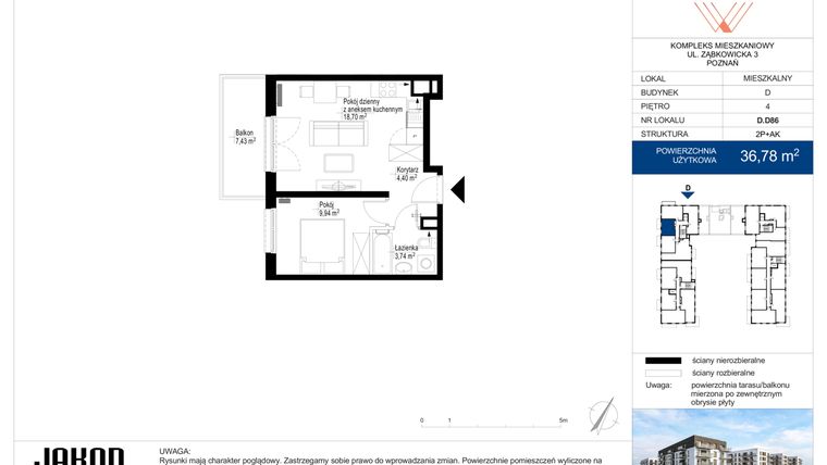 Rzut - Mieszkanie na sprzedaż 2 pokoje o powierzchni 36,78 m² - numer D.D86 w Wieruszowska D