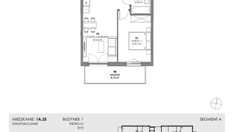 Rzut - Mieszkanie na sprzedaż 2 pokoje o powierzchni 42,24 m² - numer 1A.25 w Akacjowa Wita