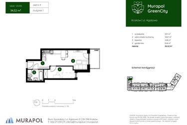 Rzut - Mieszkanie na sprzedaż 1 pokój o powierzchni 34,52 m² - numer 1.A.4.10 w Murapol GreenCity bud. 1