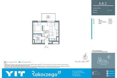 Rzut - Mieszkanie na sprzedaż 1 pokój o powierzchni 31,74 m² - numer A.6.2 w Rakoczego 17