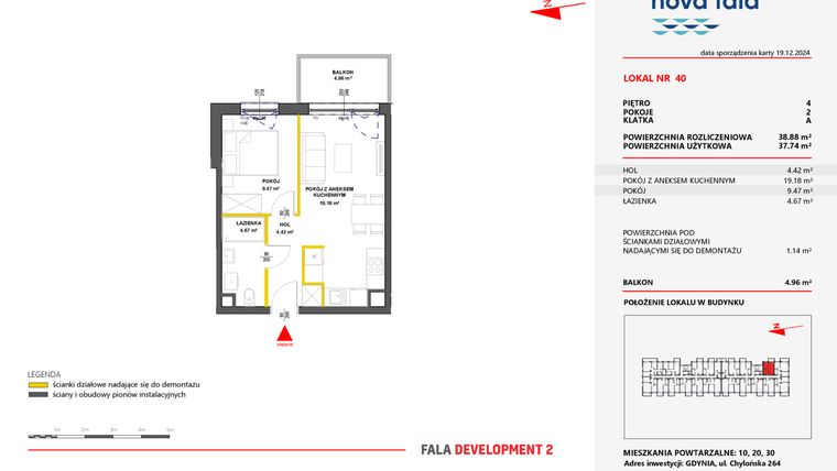 Rzut - Mieszkanie na sprzedaż 2 pokoje o powierzchni 38,88 m² - numer 40 w Miasteczko Nova Fala