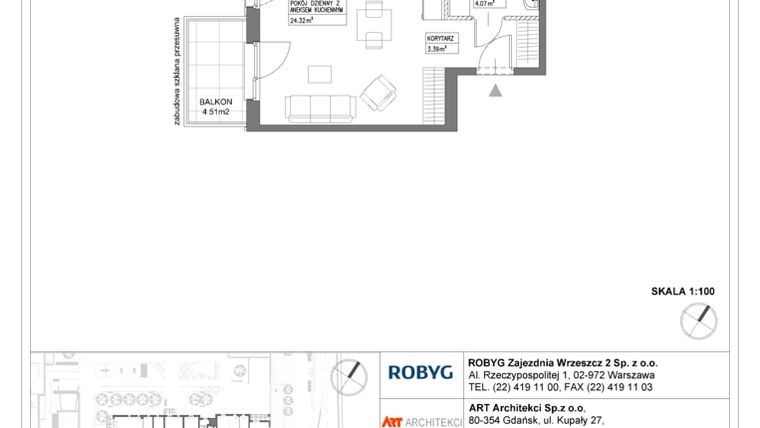 Rzut - Mieszkanie na sprzedaż 1 pokój o powierzchni 31,77 m² - numer I1.2M07 w Nowa Wałowa bud. I1