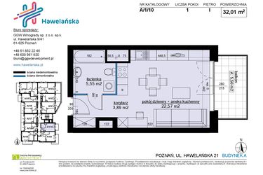 Rzut - Mieszkanie na sprzedaż 1 pokój o powierzchni 32,01 m² - numer A/1/10 w Osiedle Hawelańska etap III - bud. A