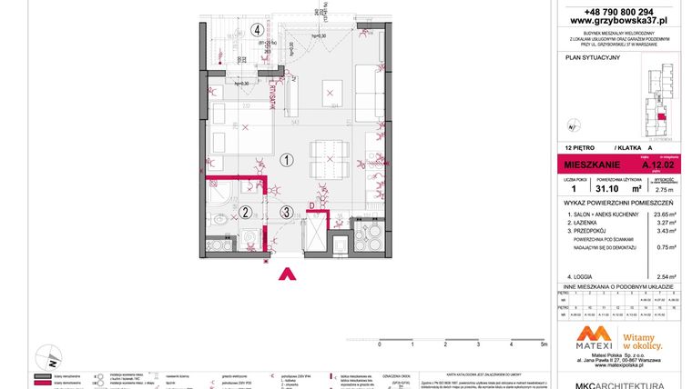 Rzut - Mieszkanie na sprzedaż 1 pokój o powierzchni 31,1 m² - numer A.12.02 w Grzybowska 37