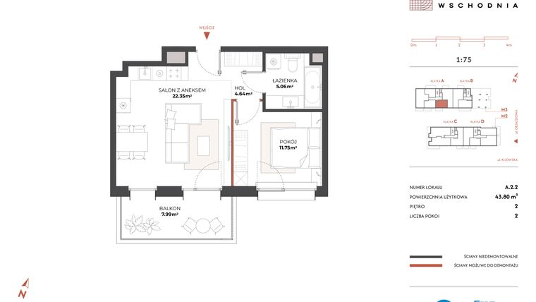 Rzut - Mieszkanie na sprzedaż 2 pokoje o powierzchni 43,8 m² - numer A.2.2 w Drucianka Wschodnia