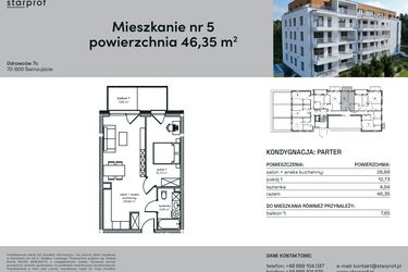 Rzut - Mieszkanie na sprzedaż 2 pokoje o powierzchni 46,35 m² - numer 5 w Odrowców 7C