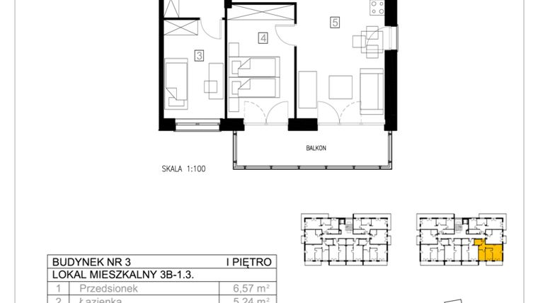 Rzut - Mieszkanie na sprzedaż 3 pokoje o powierzchni 55,72 m² - numer 3B-1.3 w Gardenia Pogodno