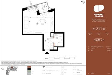 Rzut - Mieszkanie na sprzedaż 1 pokój o powierzchni 35,89 m² - numer K1.A.01.09 w Bulwary Praskie etap K i L