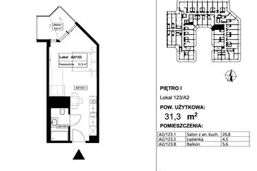 Rzut - Mieszkanie na sprzedaż 1 pokój o powierzchni 31,3 m² - numer 123 w Apollo Resort