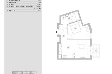 Rzut - Mieszkanie na sprzedaż 2 pokoje o powierzchni 42,45 m² - numer A3.2.58 w ATAL Ruczaj