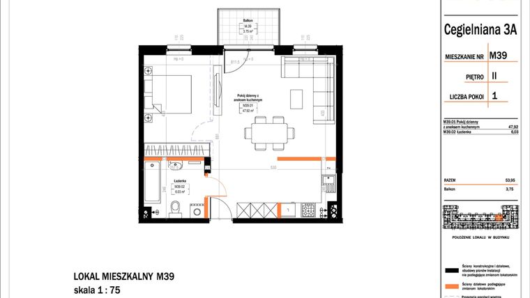 Rzut - Mieszkanie na sprzedaż 1 pokój o powierzchni 53,95 m² - numer 39 w Osiedle StaLove etap II