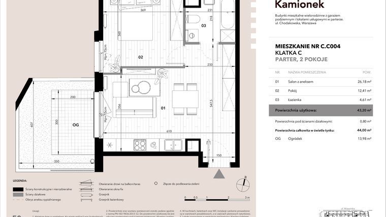 Rzut - Mieszkanie na sprzedaż 2 pokoje o powierzchni 43,2 m² - numer C.C004 w Nowy Kamionek