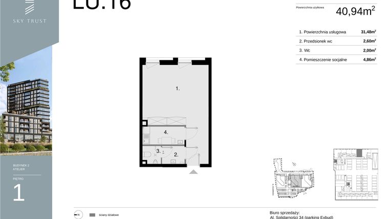 Rzut - Lokal użytkowy na sprzedaż 1 pokój o powierzchni 40,94 m² - numer LU16 w Sky Trust etap II
