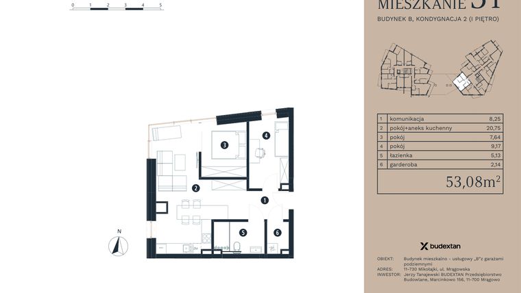 Rzut - Mieszkanie na sprzedaż 3 pokoje o powierzchni 51,67 m² - numer M31 w Pratum Apartamenty Etap I