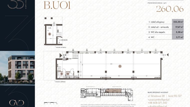 Rzut - Lokal użytkowy na sprzedaż 2 pokoje o powierzchni 260,06 m² - numer B.U01 w Kopcińskiego 33