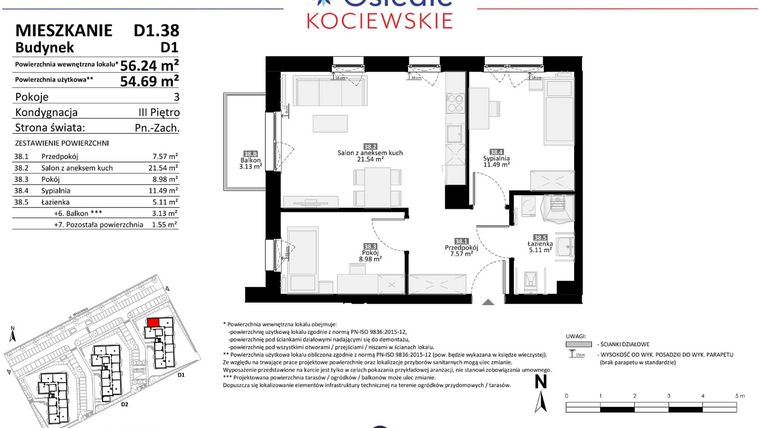 Rzut - Mieszkanie na sprzedaż 3 pokoje o powierzchni 54,69 m² - numer D1.38 w Osiedle Kociewskie etap III