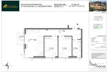 Rzut - Mieszkanie na sprzedaż 3 pokoje o powierzchni 53,6 m² - numer B1.4 w Rezydencja Chłabówka