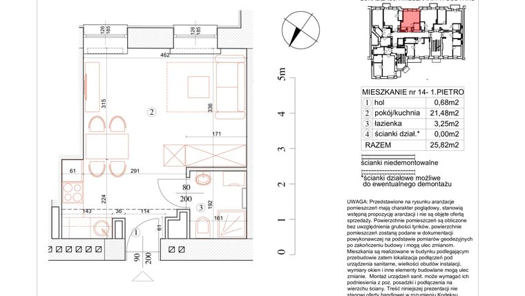 Rzut - Mieszkanie na sprzedaż 1 pokój o powierzchni 25,82 m² - numer 14 w Skaryszewska 11