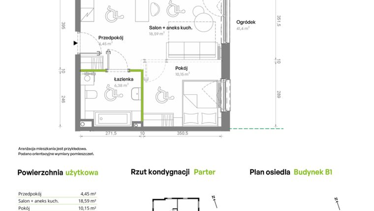Rzut - Mieszkanie na sprzedaż 2 pokoje o powierzchni 39,57 m² - numer B1.00.06 w Południe Vita