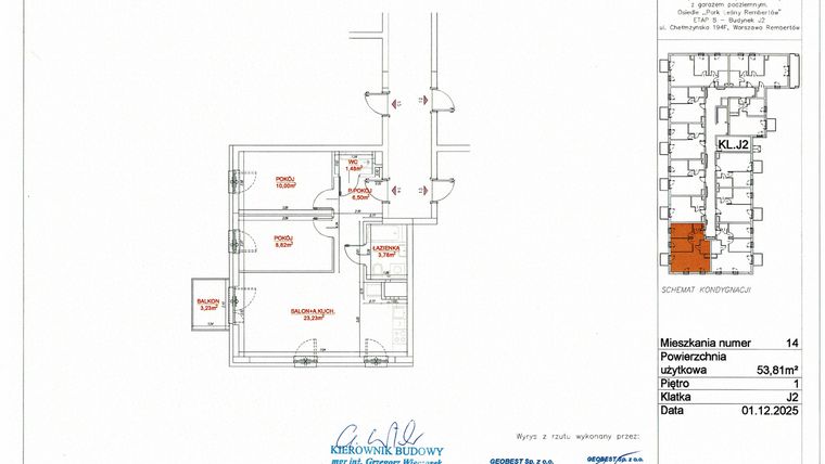 Rzut - Mieszkanie na sprzedaż 3 pokoje o powierzchni 53,86 m² - numer J2-14 w Park Leśny Rembertów etap VIII