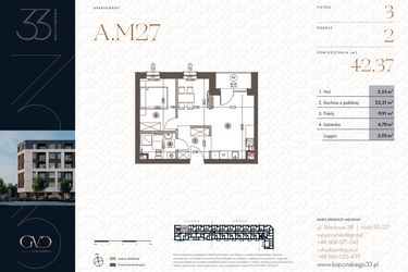 Rzut - Mieszkanie na sprzedaż 2 pokoje o powierzchni 42,37 m² - numer A.M27 w Kopcińskiego 33