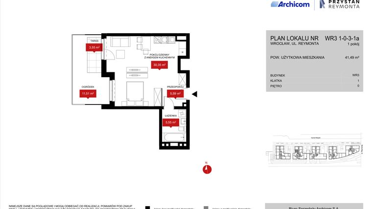 Rzut - Mieszkanie na sprzedaż 1 pokój o powierzchni 41,49 m² - numer WR3 1/0/3/1a w Przystań Reymonta etap II